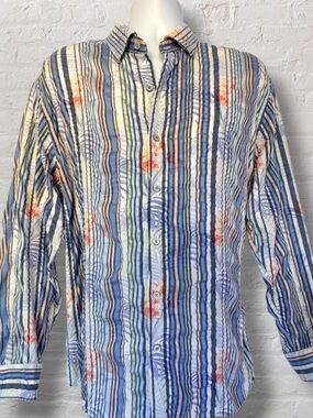 Tommy Bahama XL Floral Stripe Button Up Shirt Blue Tropical Crinkle Cotton Blend